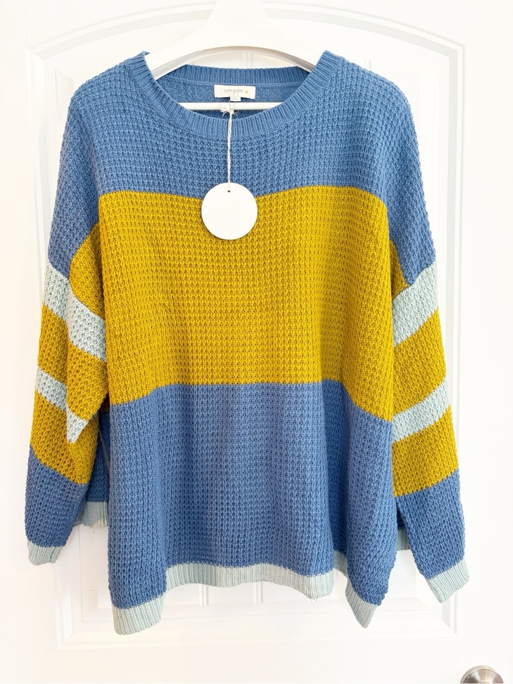 Umgee Colorblock Waffle Knit Sweater in Blue, Mustard & Mint